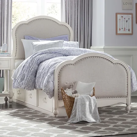 Victoria Panel Twin Bed with Upholstered Tea Stain Woven Fabric with Underbed Storage
